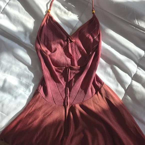 Free People Intimately Burgundy Pointelle Halter Handkerchief Hem Midi Dress - Picture 1 of 6